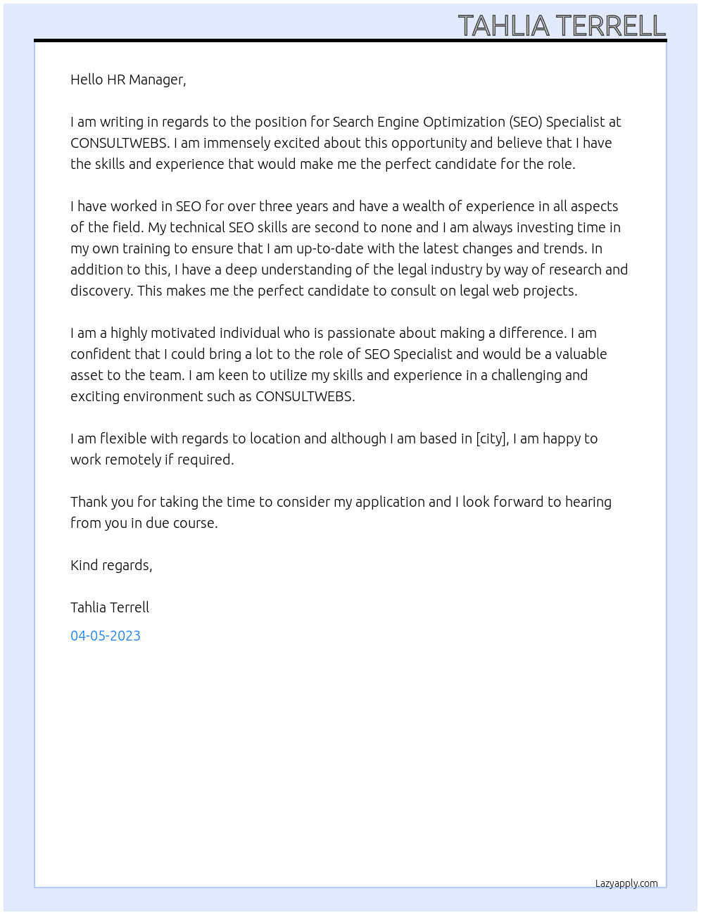 Search Engine Optimization (SEO) Specialist At CONSULTWEBS Cover Letter