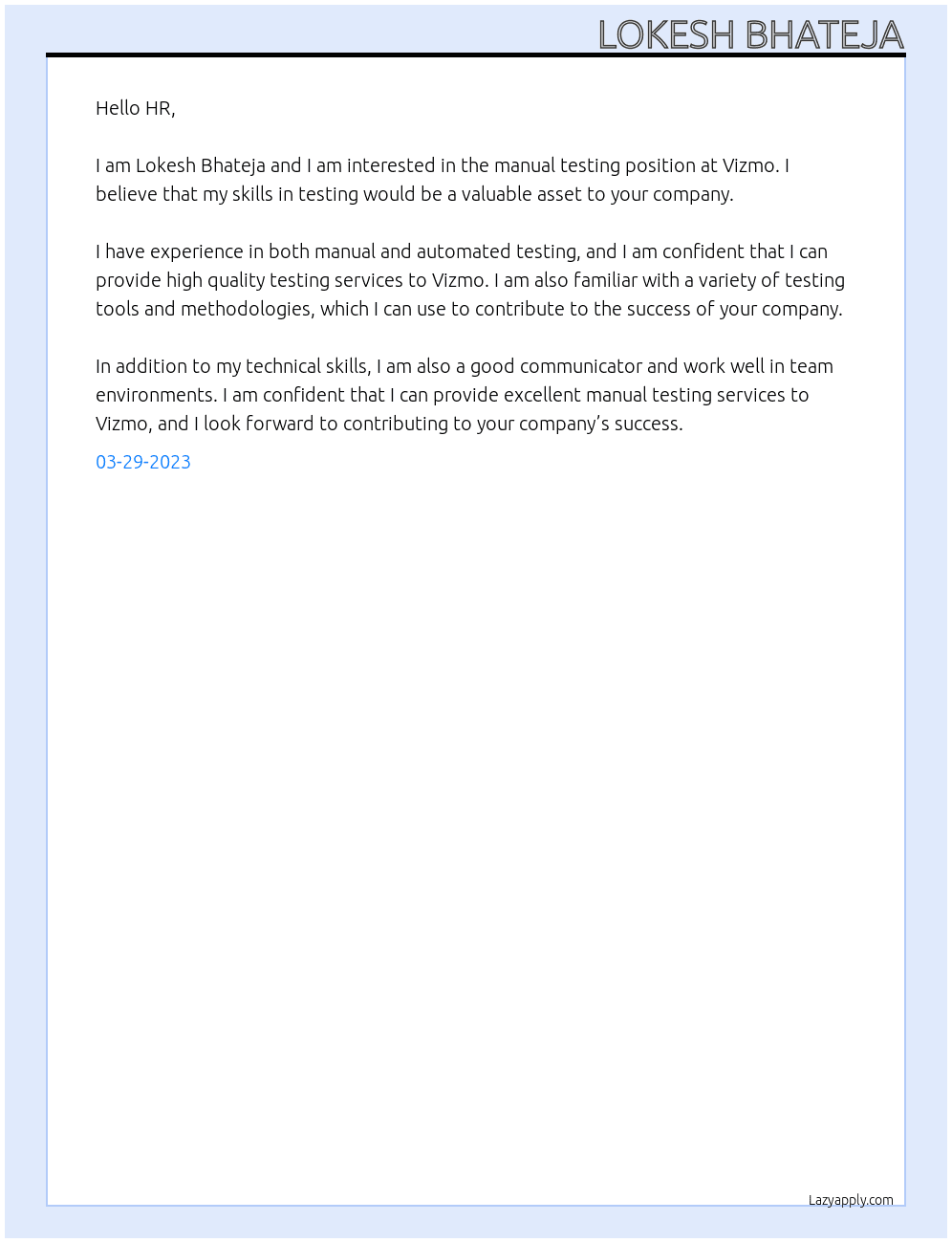 Manual testing At Vizmo Cover Letter