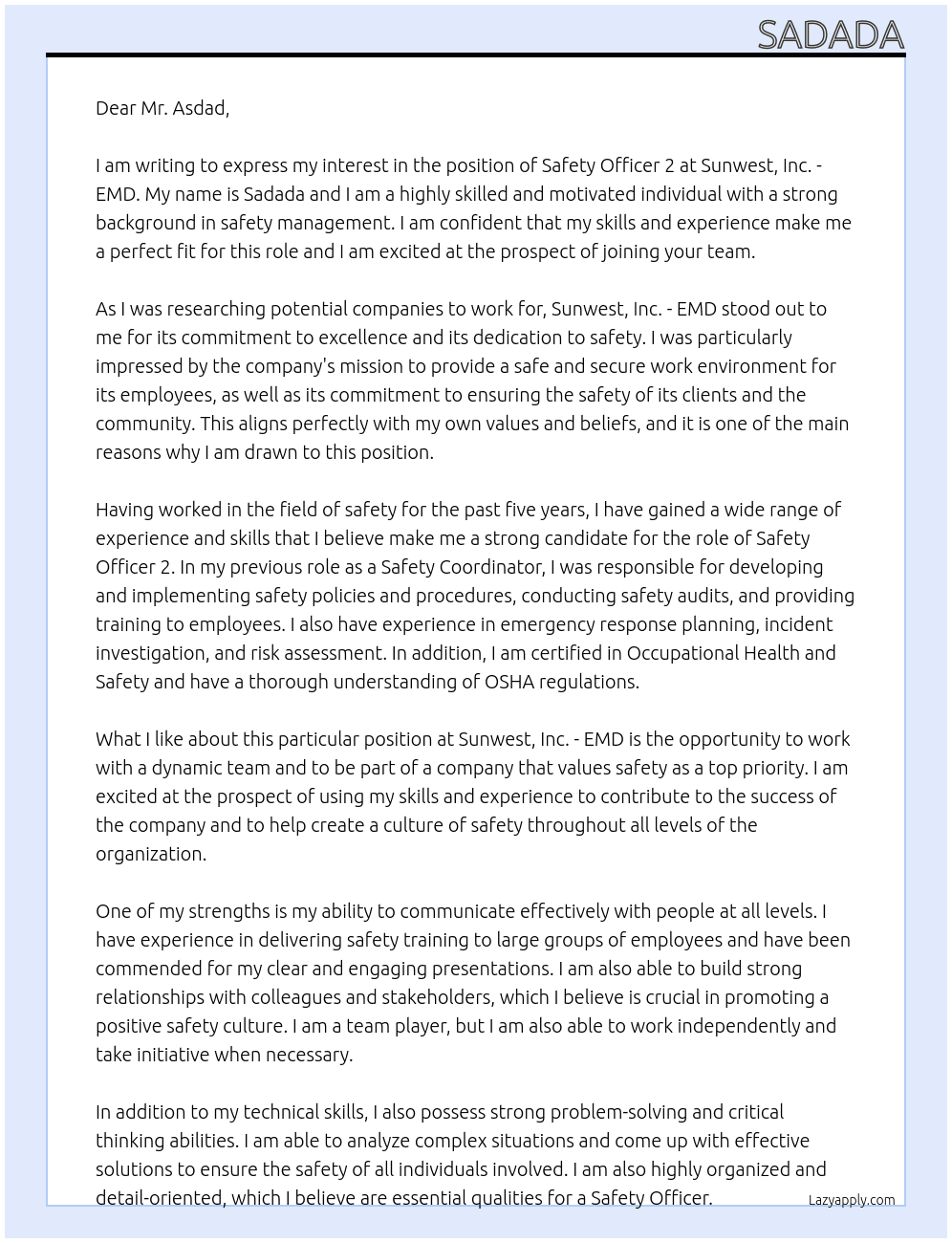 Safety Officer 2 At Sunwest, Inc. - EMD Cover Letter