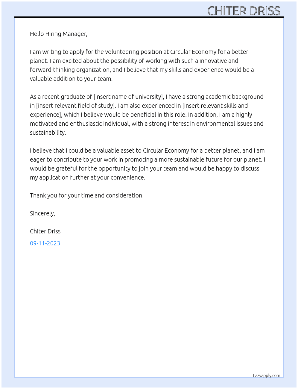 Volunteering  At Circular Economy for a better planet Cover Letter