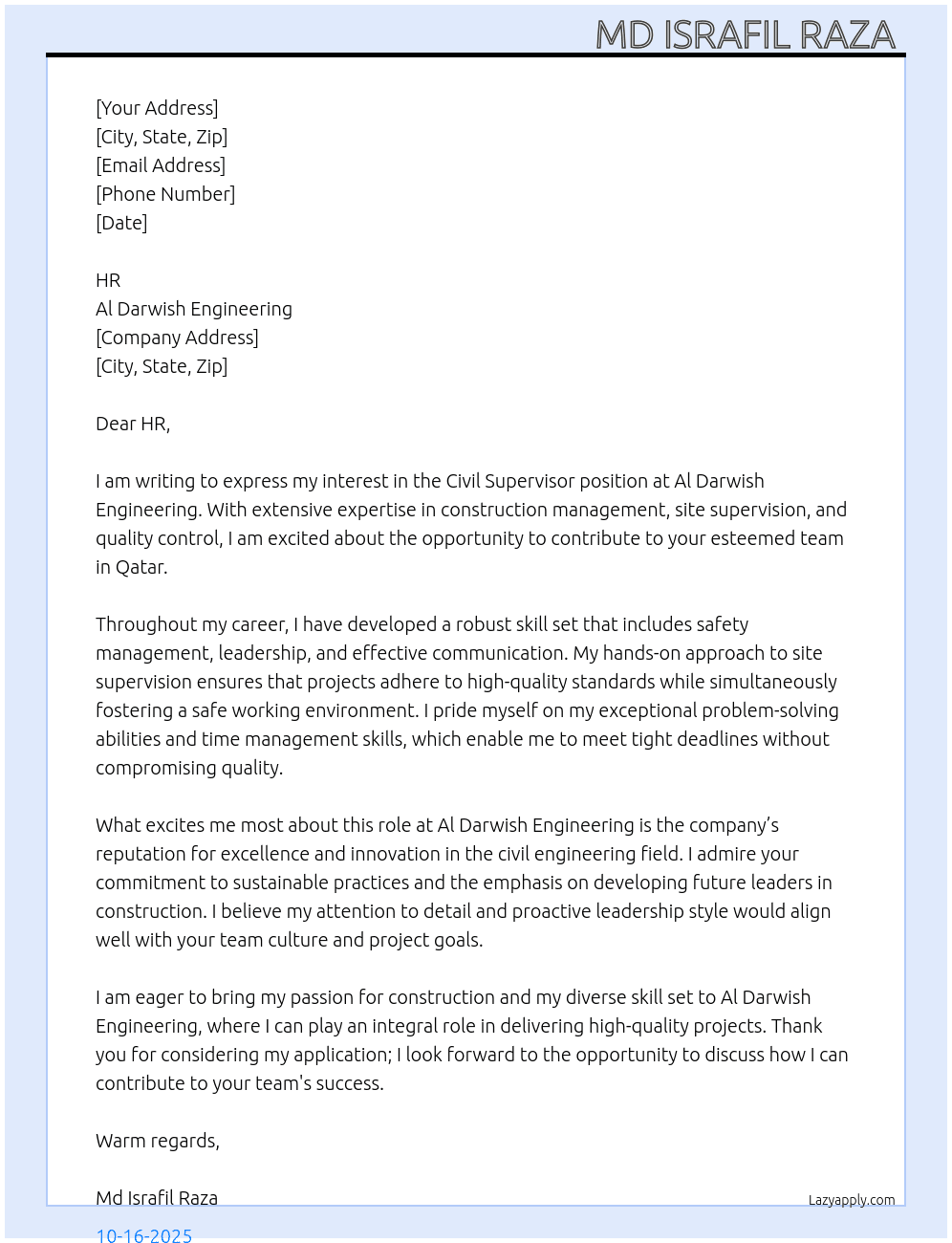 Civil supervisor  At Al Darwish engineering  Cover Letter