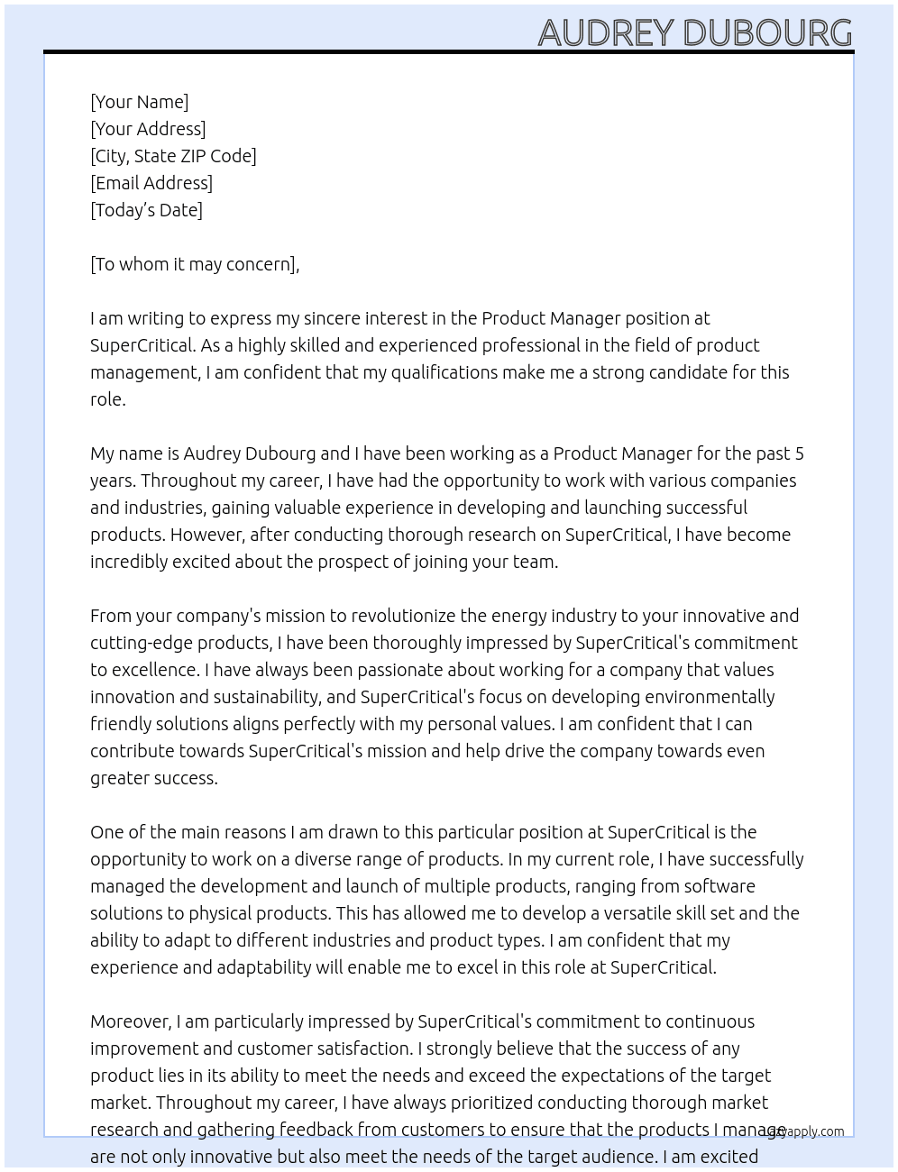 Product Manager At SuperCritical Cover Letter