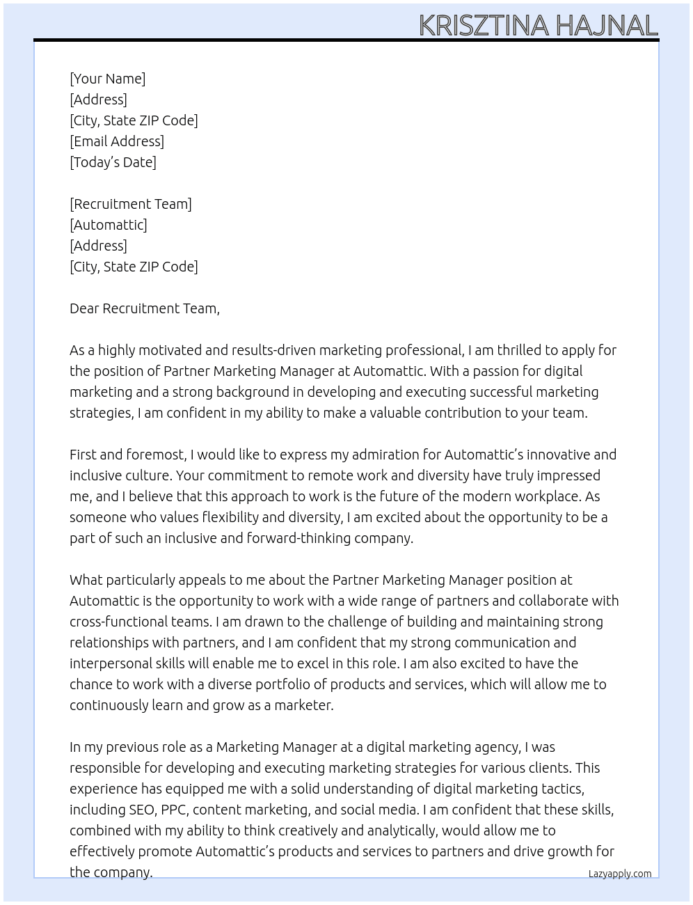 Partner Marketing Manager At  Automattic Cover Letter