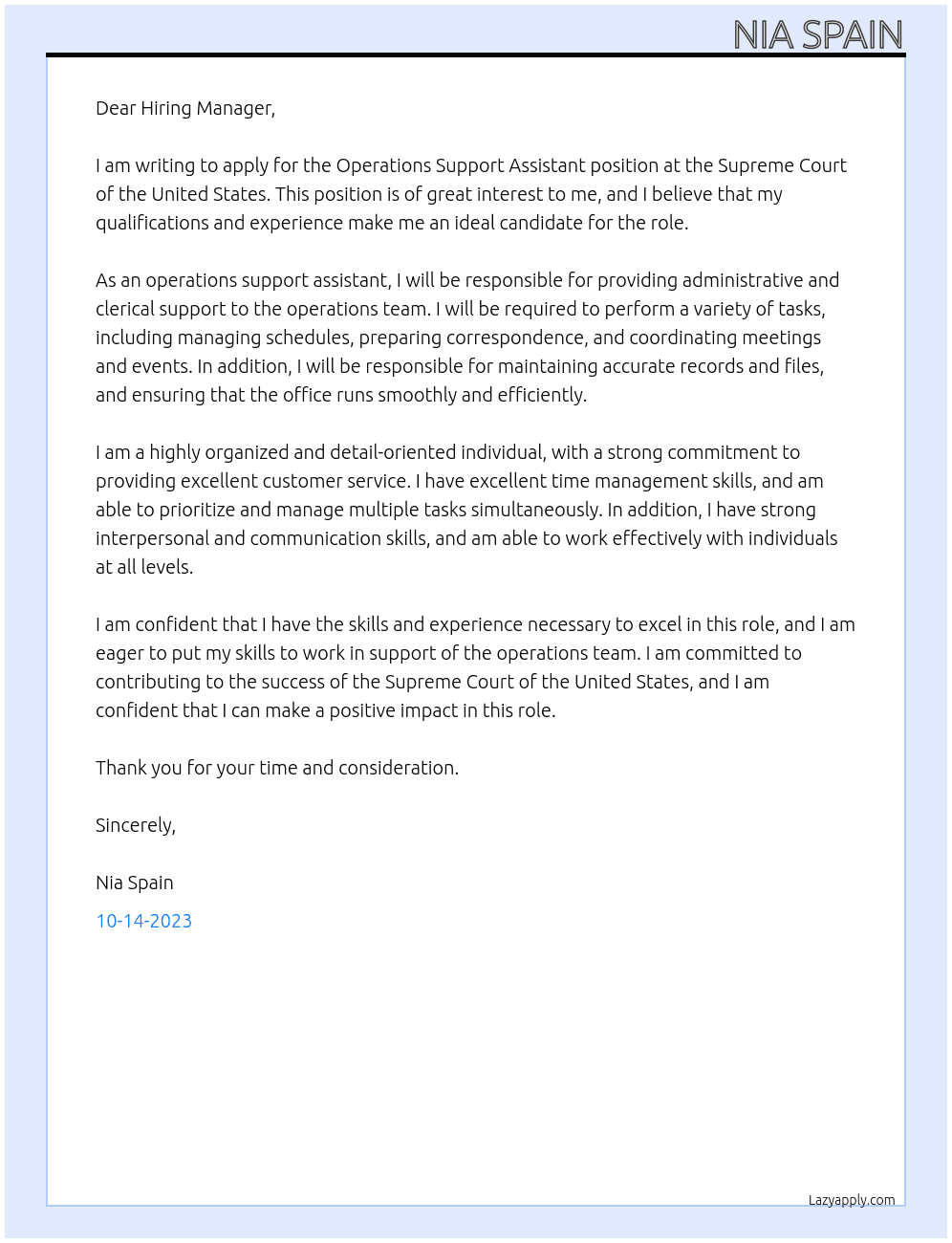 Operations Support Assistant  At Supreme Court of the United States  Cover Letter