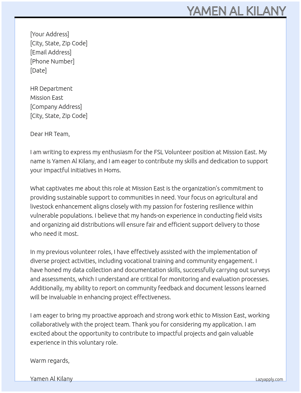 FSL Volunteer At Mission East Cover Letter