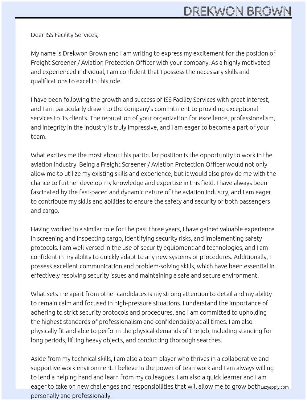 Freight Screener / Aviation Protection Officer At ISS Facility Services Cover Letter