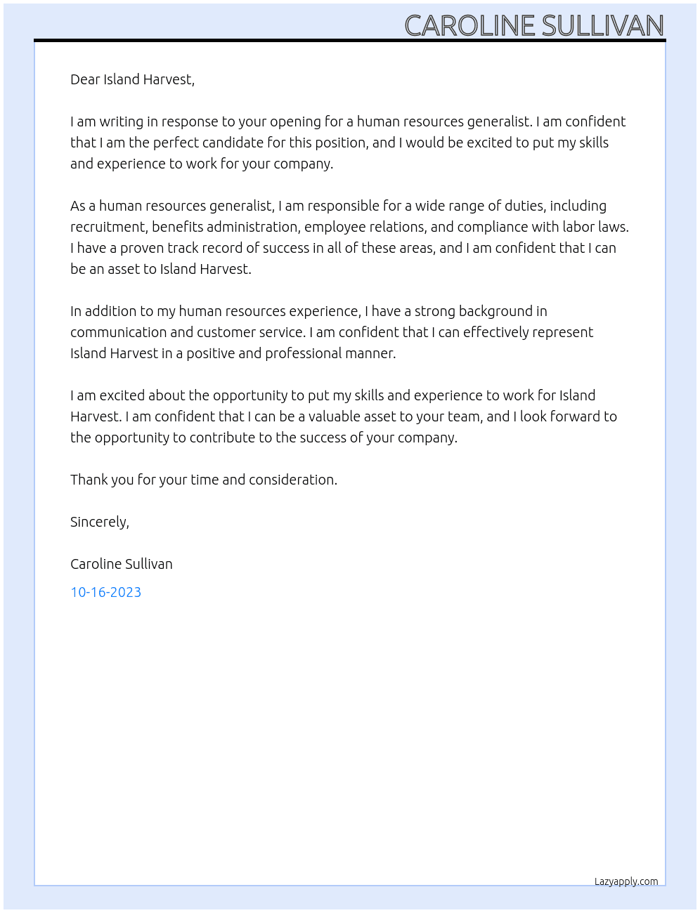 Human Resources Generalist  At Island Harvest Cover Letter