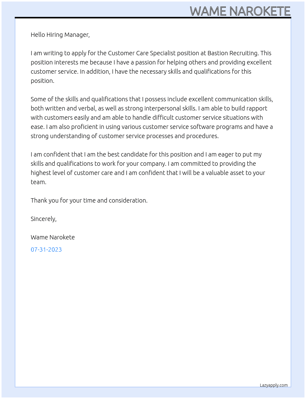 Customer care specialist  At Bastion recruiting  Cover Letter
