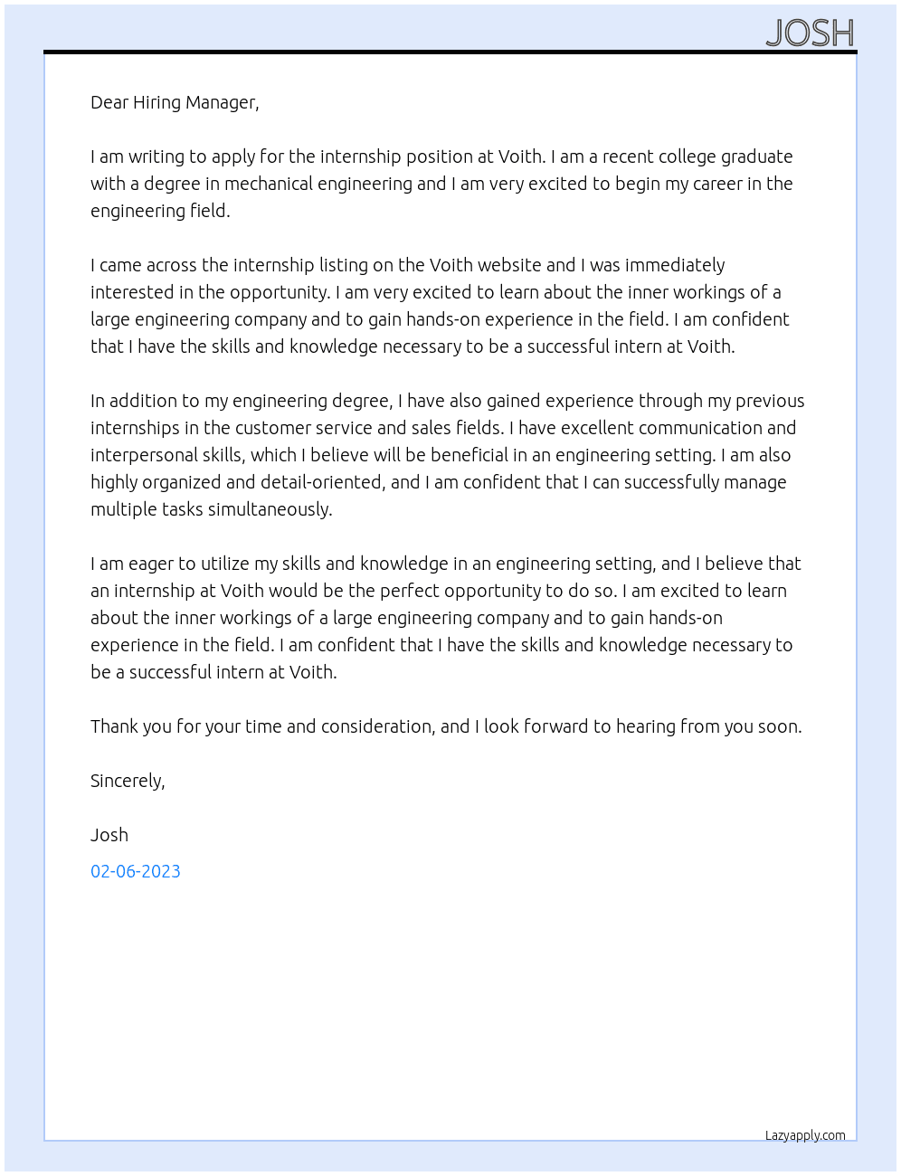 internship At Voith Cover Letter