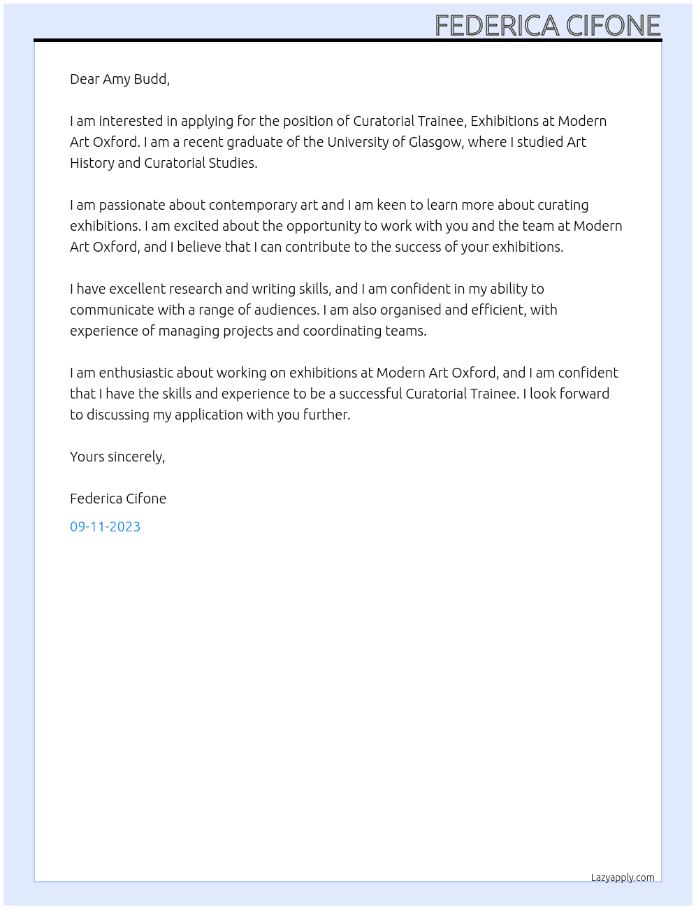 Curatorial Trainee, Exhibitions At Modern Art Oxford Cover Letter