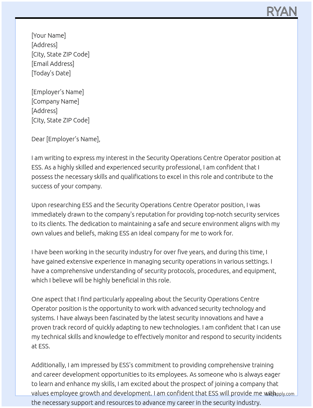 Security Operations Centre Operator At ESS Cover Letter