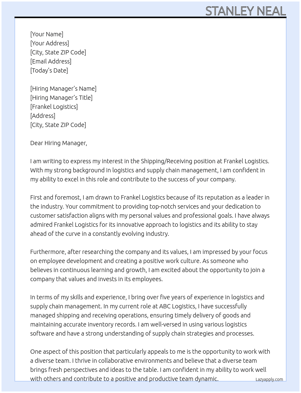 Shipping/Recieving At Frankel Logistics Cover Letter