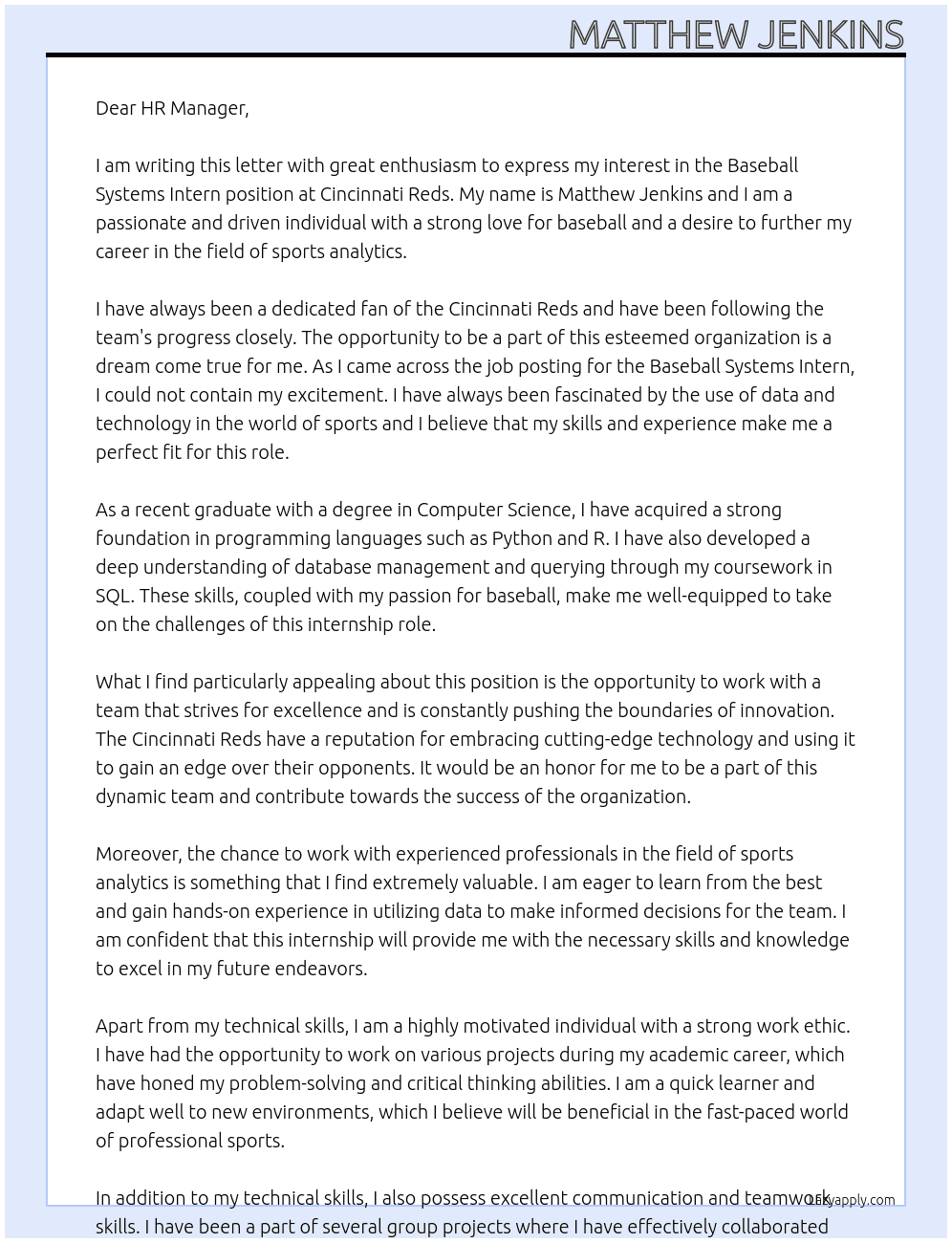 Baseball Systems Intern At Cincinnati Reds Cover Letter