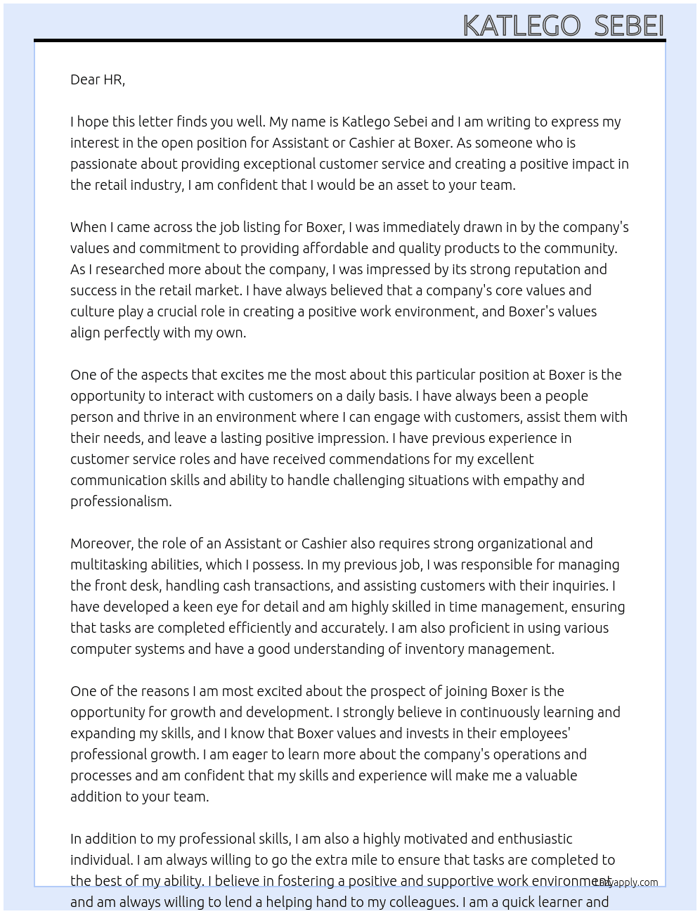 Assistant or cashier At Boxer Cover Letter