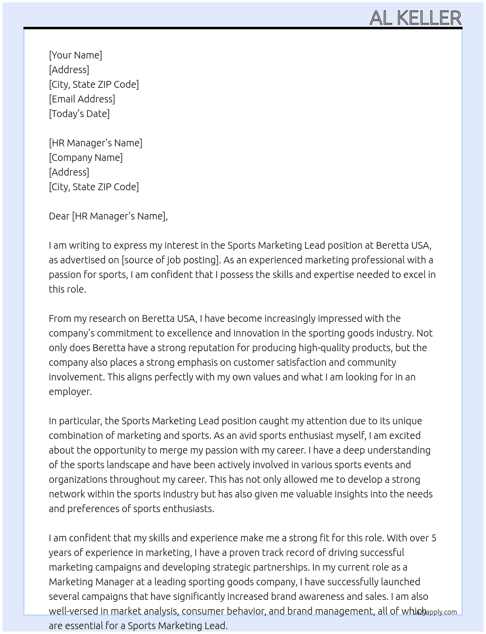 Sports Marketing Lead At Beretta USA Cover Letter