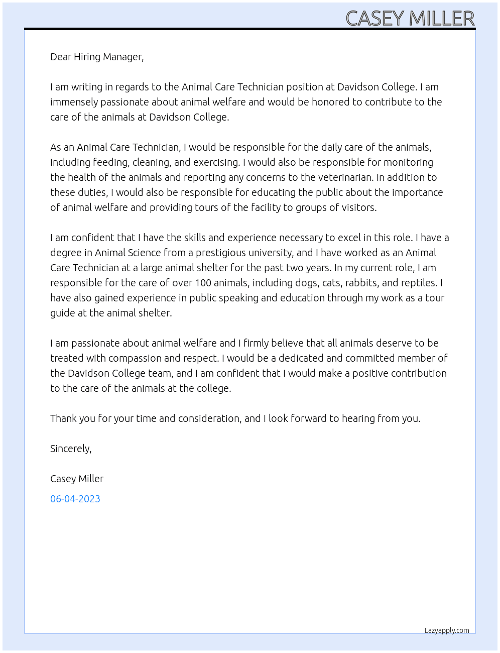 Animal Care Technician At Davidson College Cover Letter