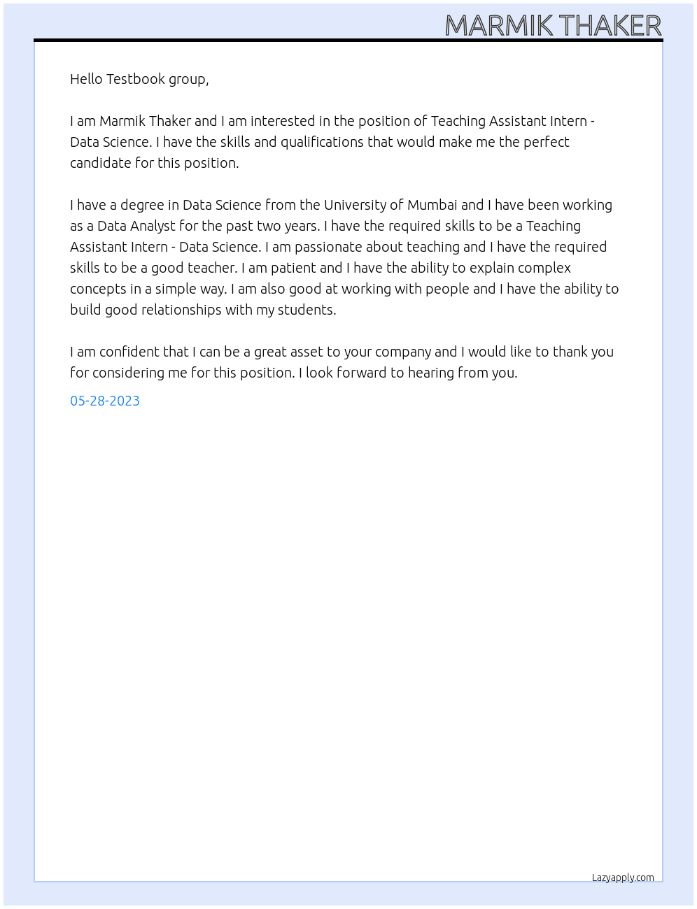 Teaching Assistant Intern - Data Science At Testbook Cover Letter
