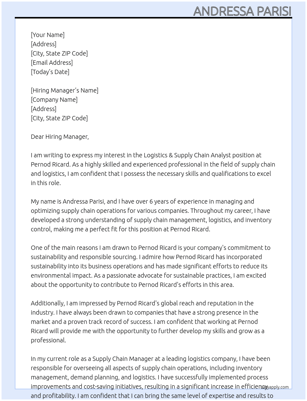 Logistics & Supply Chain Analyst At Pernod Ricard Cover Letter