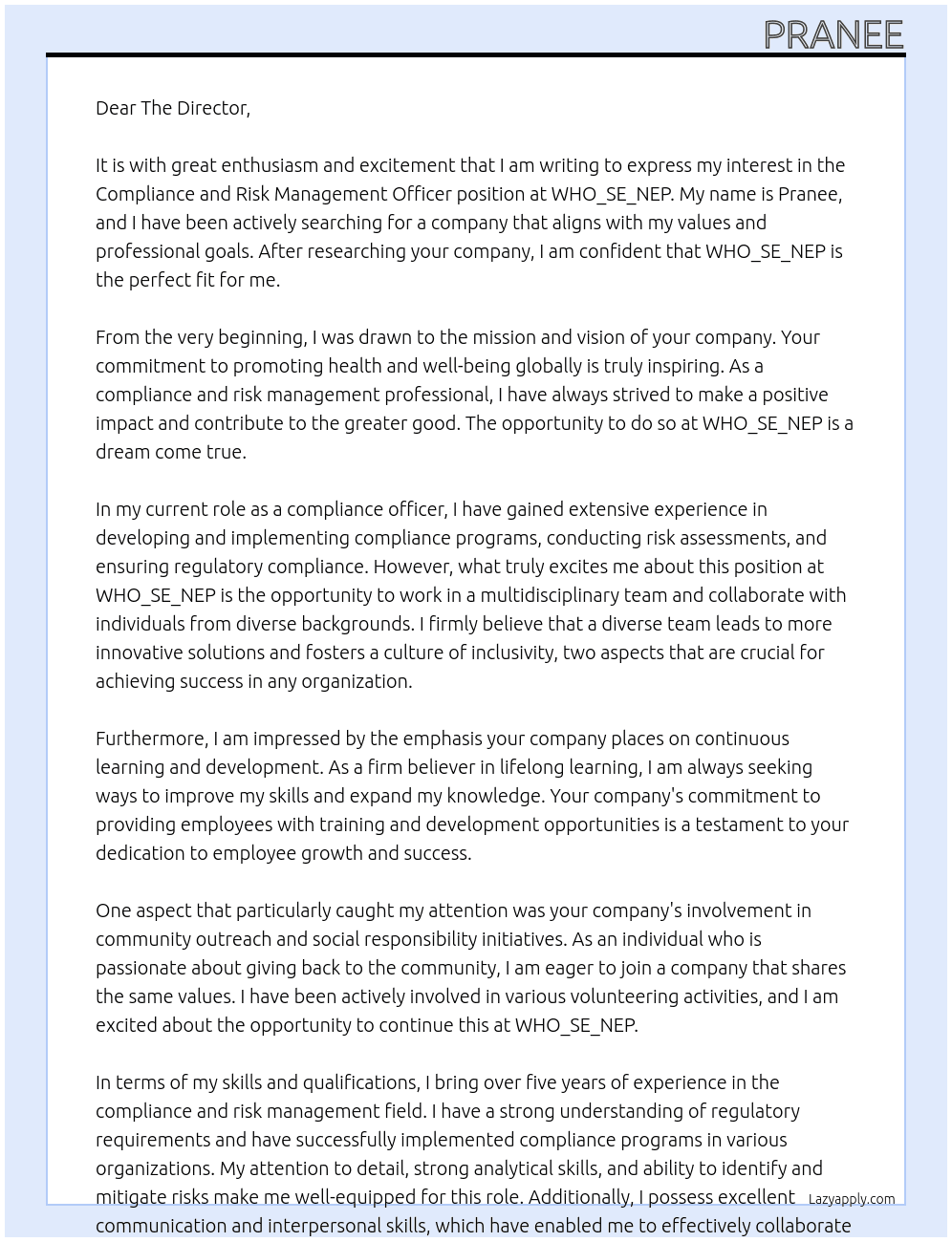 Compliance and Risk Management Officer At WHO_SE_NEP Cover Letter