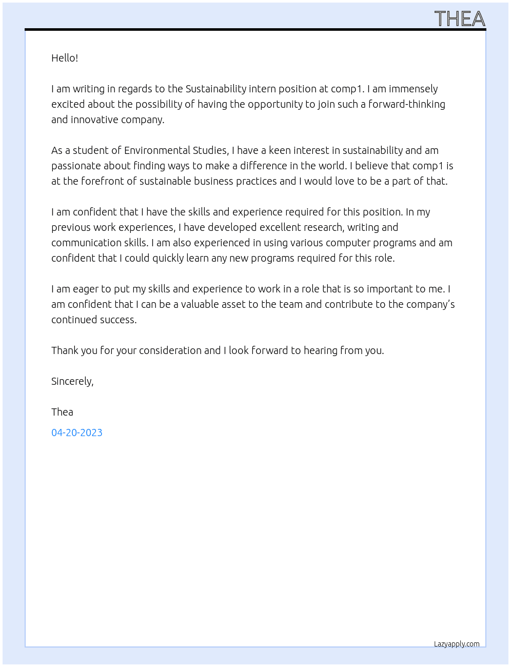 Sustainability intern At comp1 Cover Letter