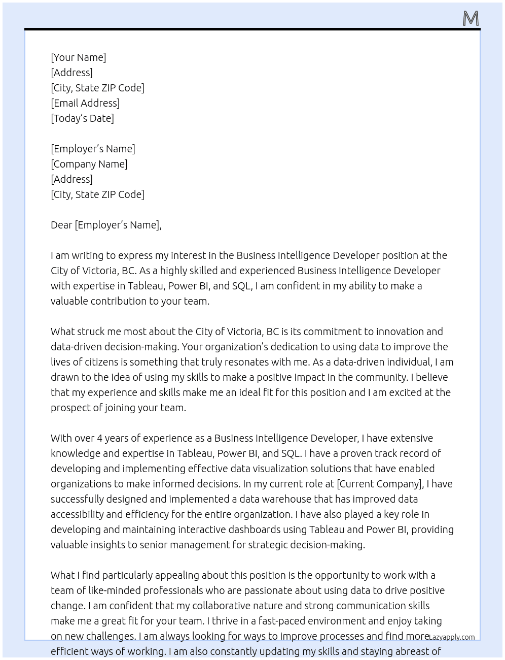 Business INtelligence Developer At City of Victoria, BC Cover Letter