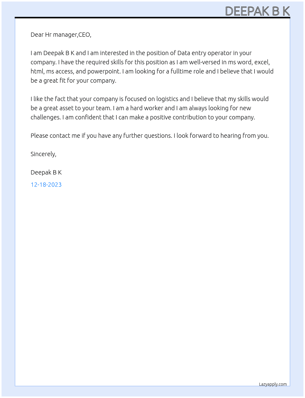 Data entry operator At G & C logistics Cover Letter