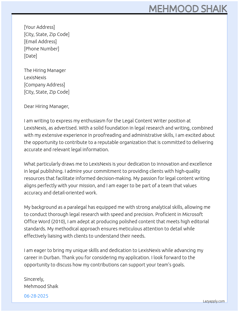 Legal Content Writer At LexisNexis Cover Letter