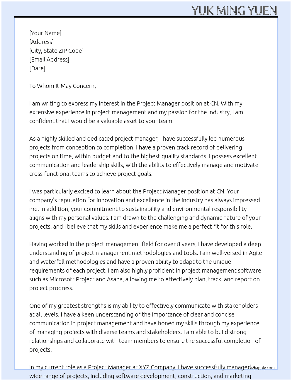 Project Manager At CN Cover Letter