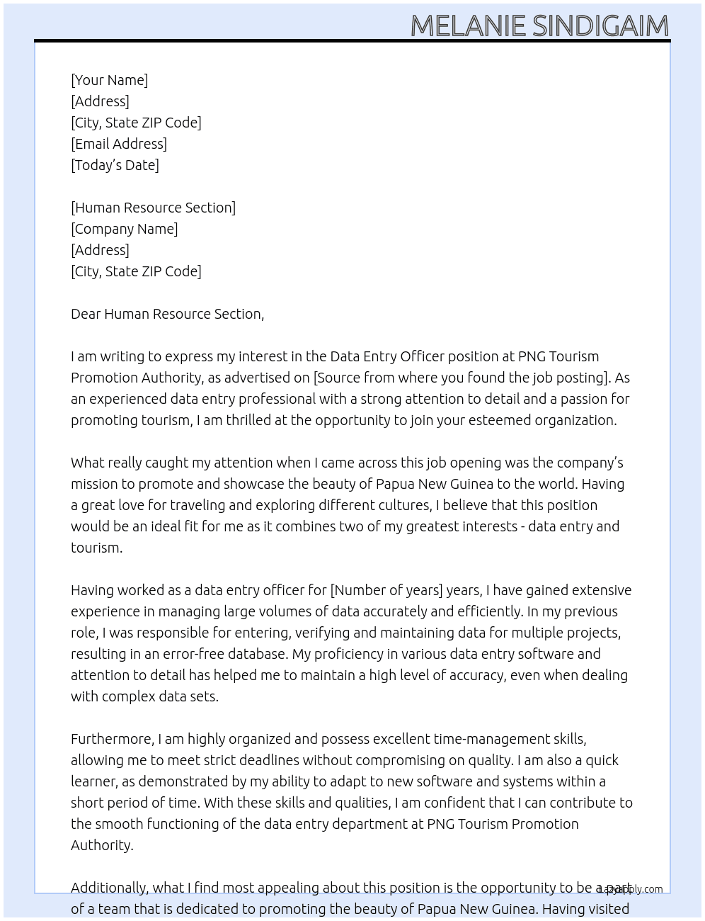 data entry officer At PNG Tourism Promotion Authority Cover Letter