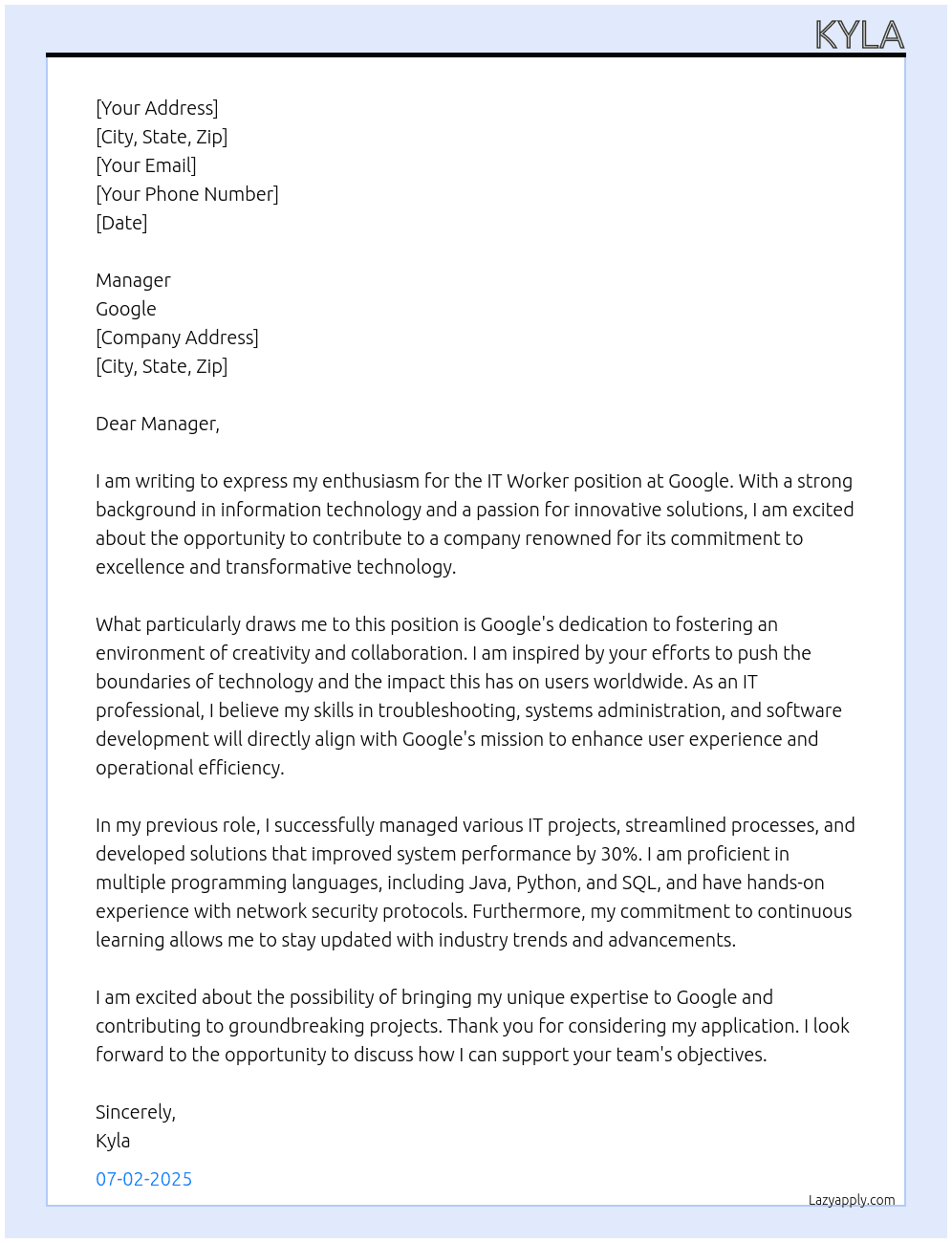 Cover letter for it worker - LazyApply
