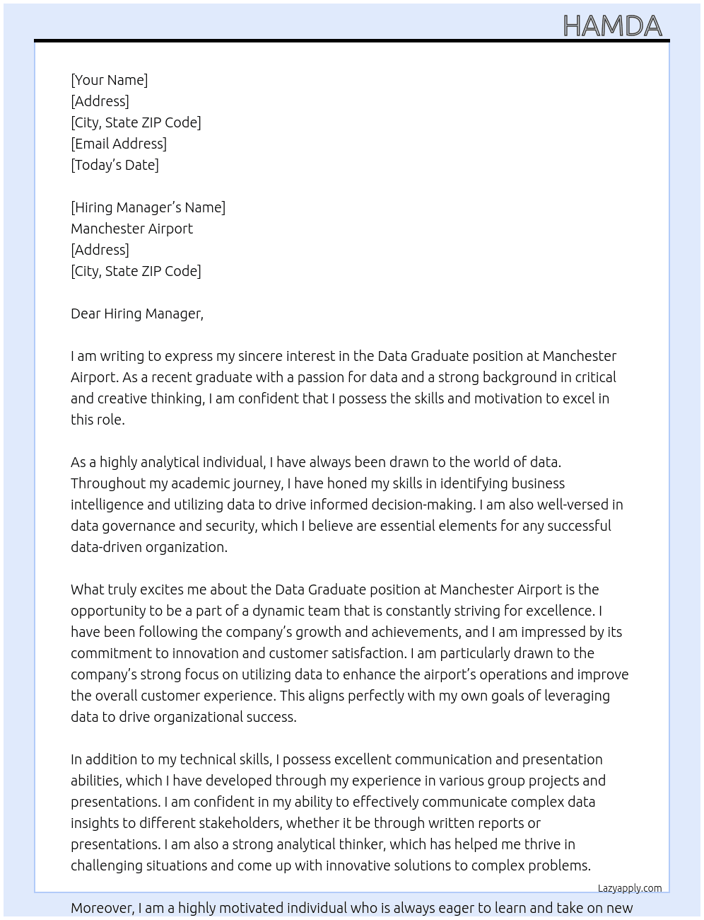 Data graduate  At Manchester airport  Cover Letter
