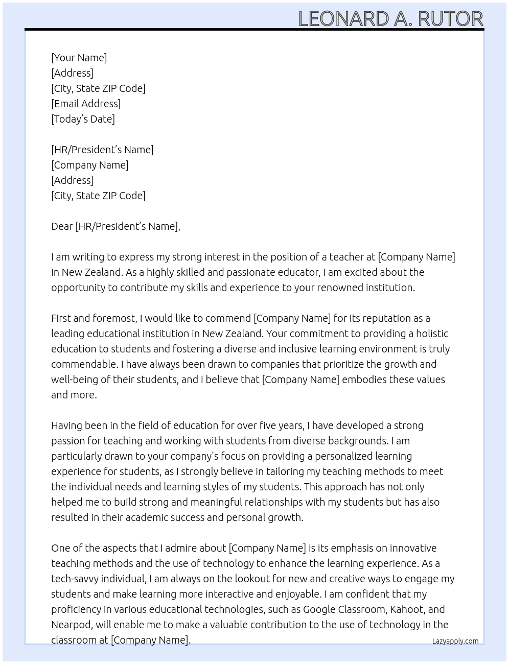 Teacher At New Zealand Cover Letter