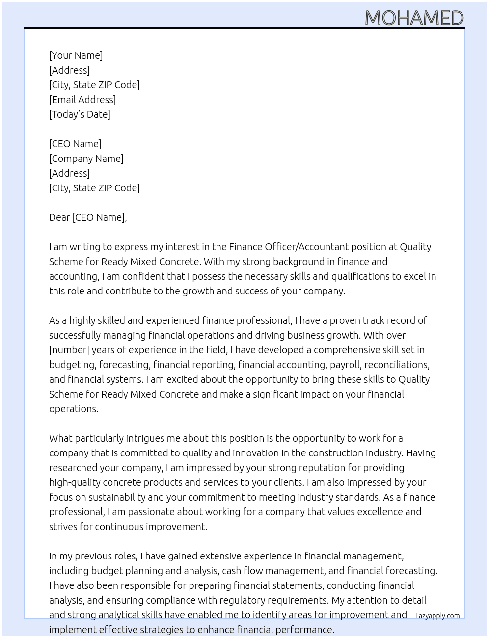 Finance Officer/Accountant At Quality Scheme for Ready Mixed Concrete Cover Letter