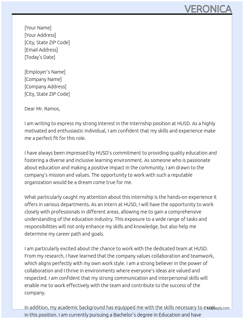 Internship At HUSD Cover Letter