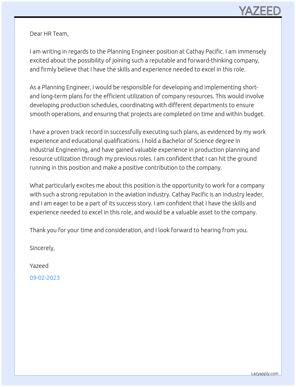 Planning Engineer At Cathay pacific Cover Letter