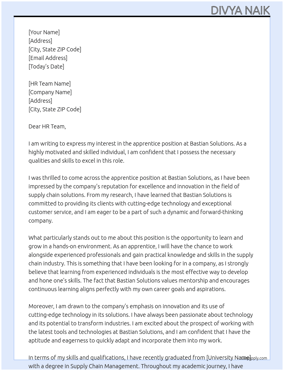 apprentice At Bastian Solutions Cover Letter