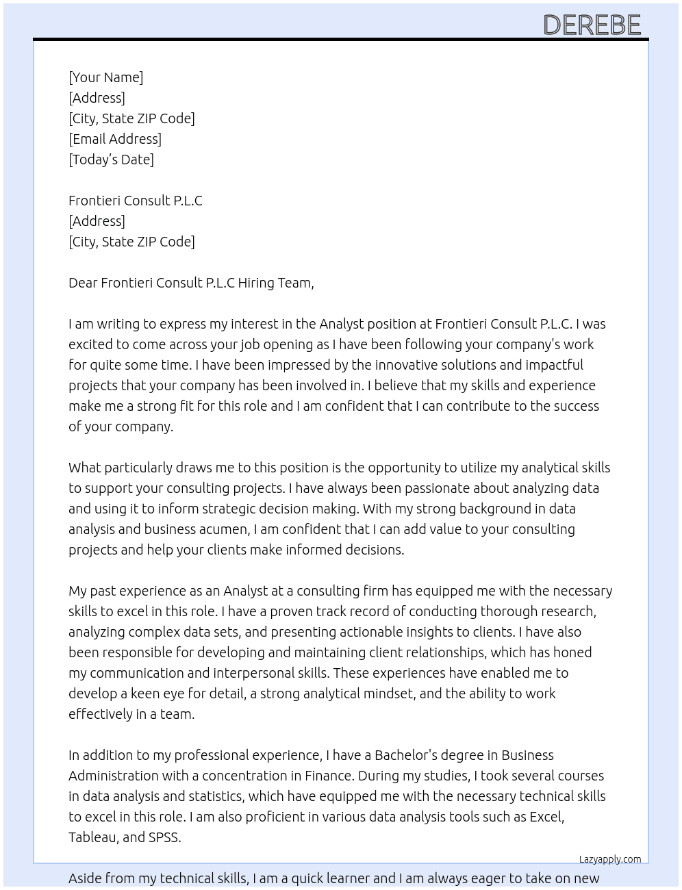 Analyst At Frontieri Consult P.L.C Cover Letter
