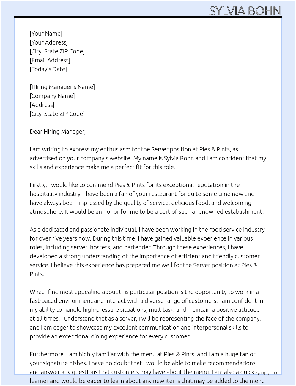 Server At Pies & Pints Cover Letter