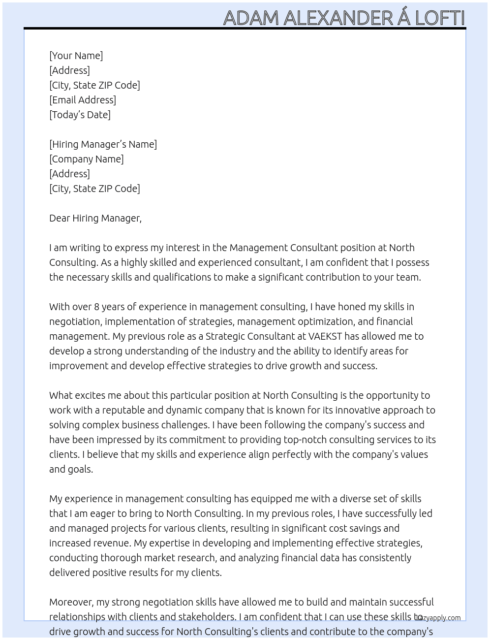 Managment Consultant At North Consulting Cover Letter