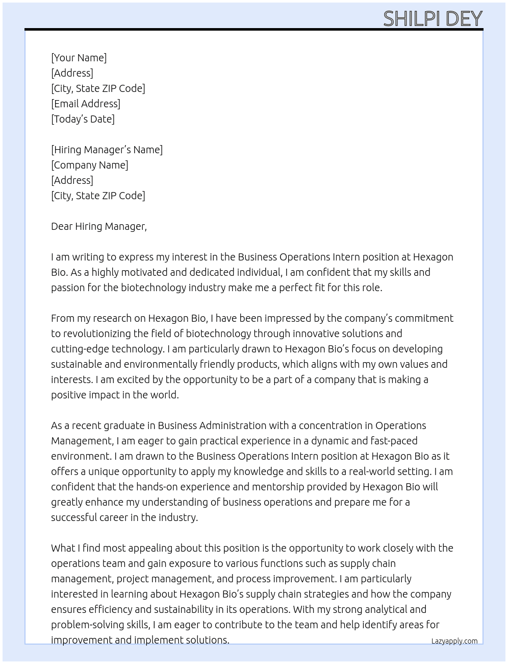 Business Operations Intern At Hexagon Bio Cover Letter