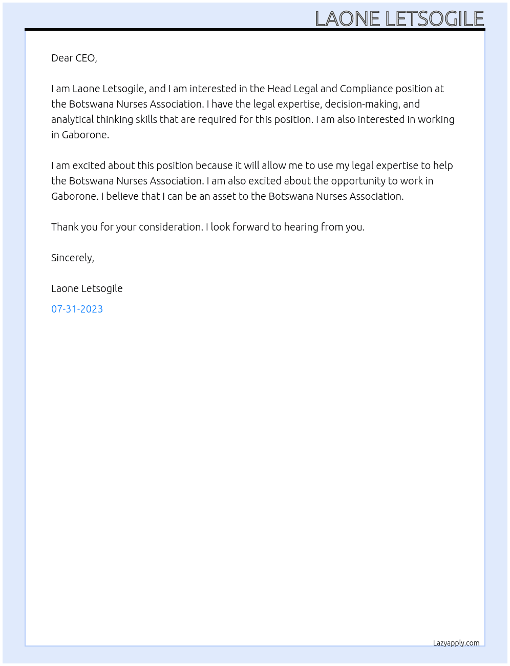 Head Legal and Compliance  At Botswana Nurses Association  Cover Letter