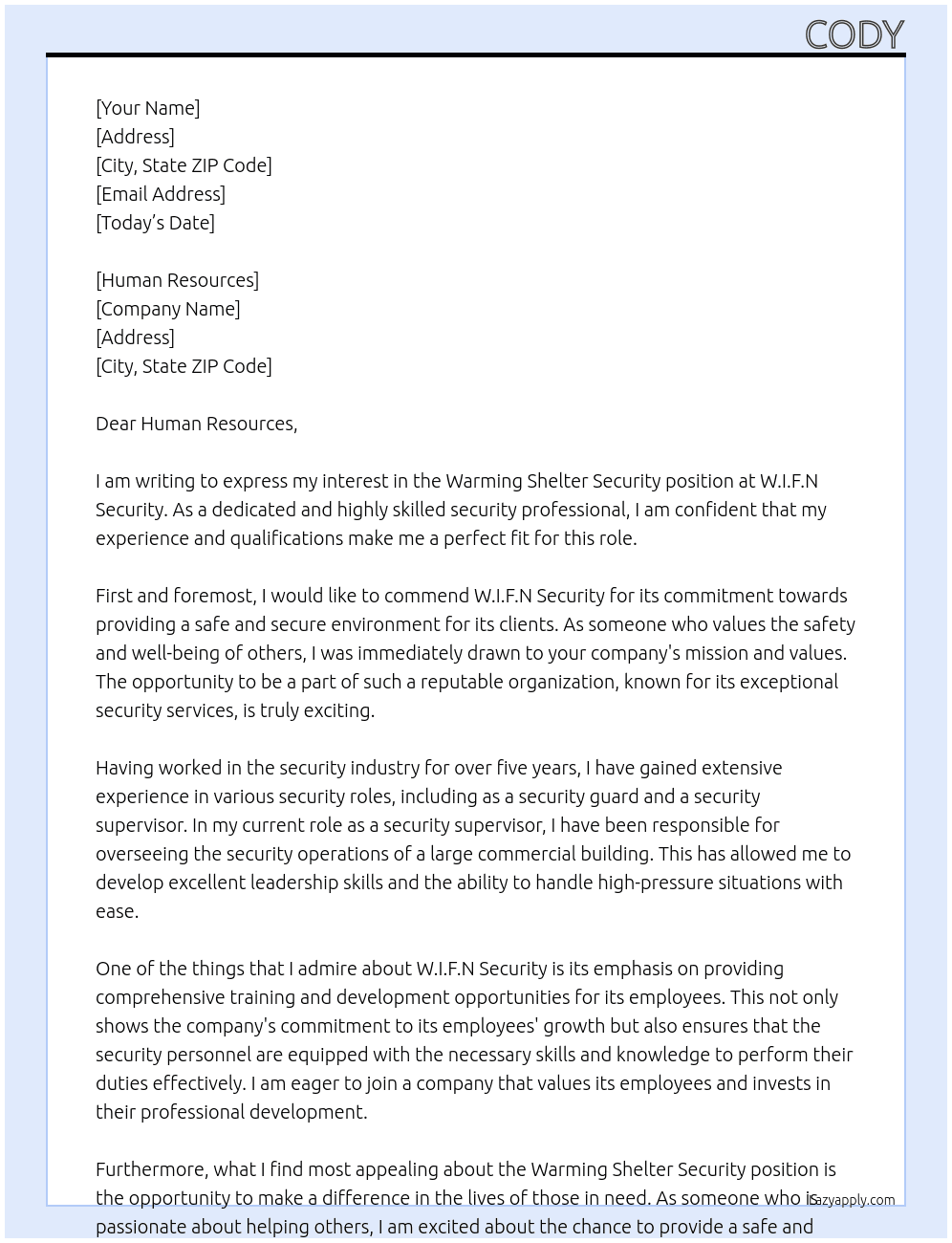 Warming shelter security  At W.I.F.N security  Cover Letter