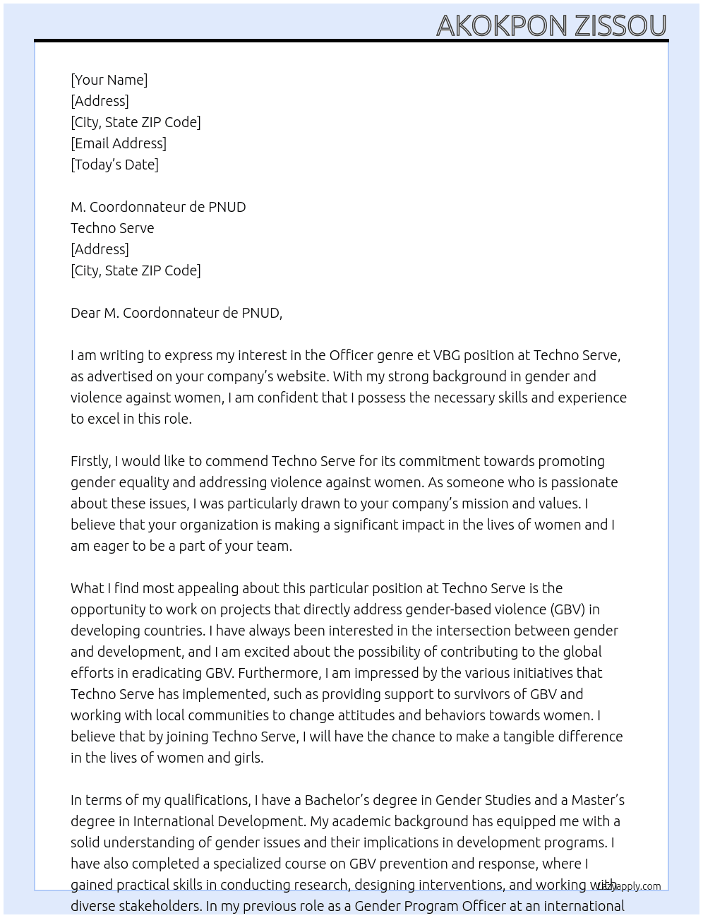 Officer genre et VBG At Techno Serve Cover Letter