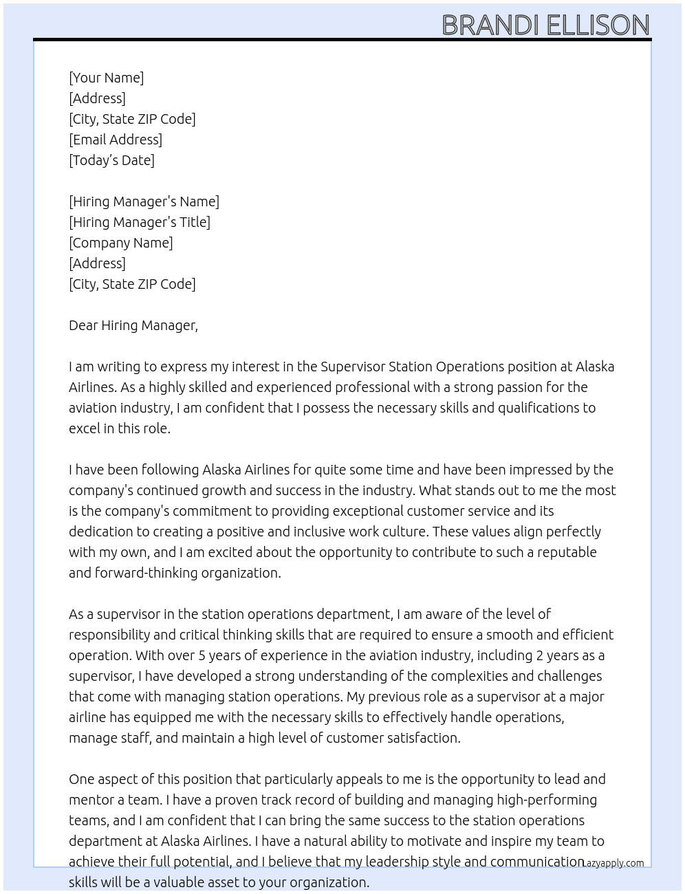 Supervisor Station Operations At Alaska Airlines Cover Letter