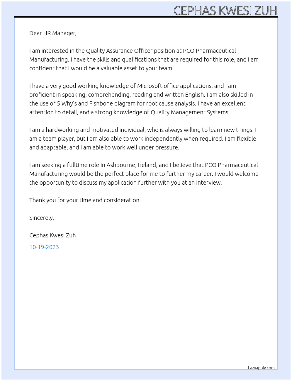 Quality Assurance Officer At PCO Pharmaceutical Manufacturing  Cover Letter