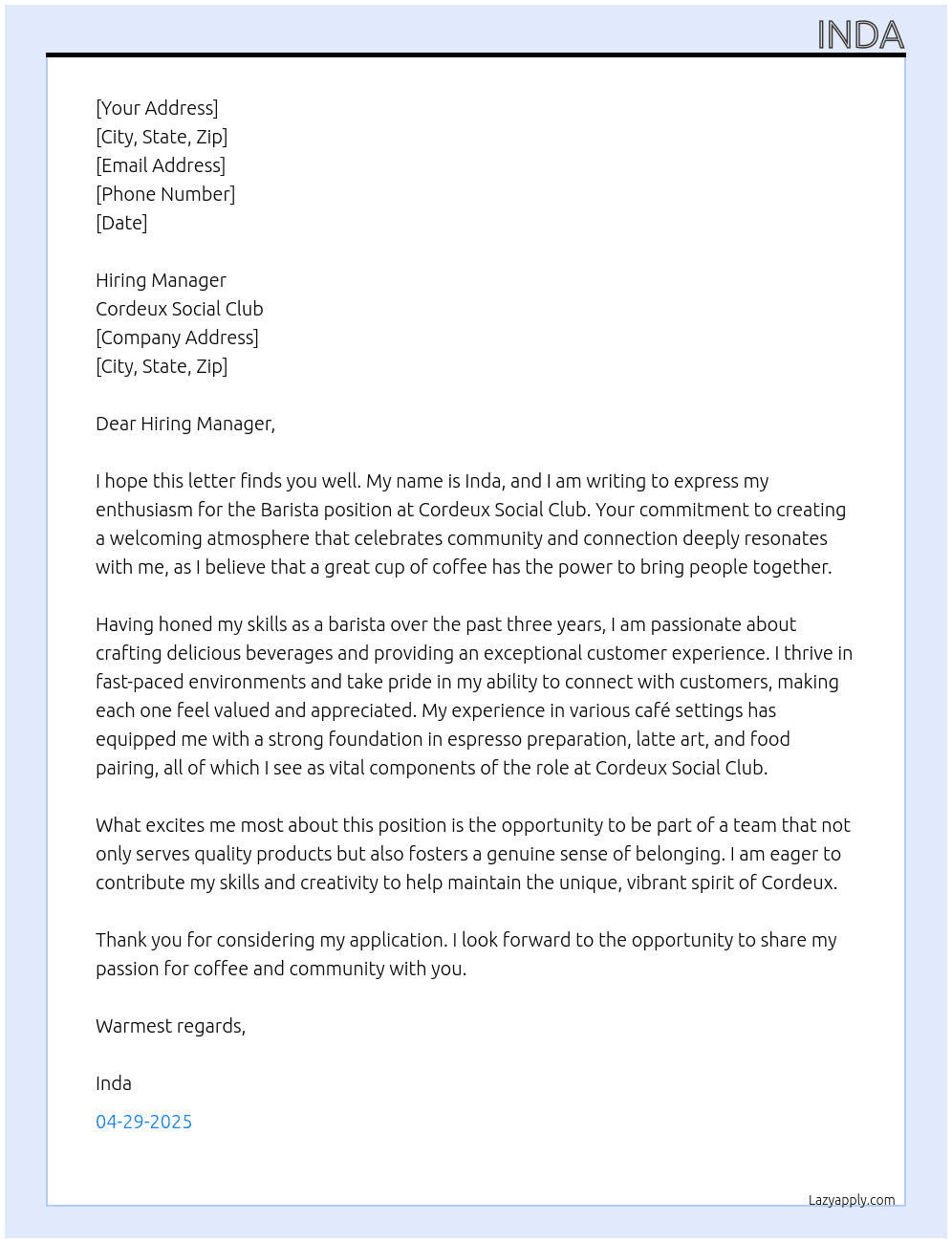Barista At Cordeux Social Club Cover Letter