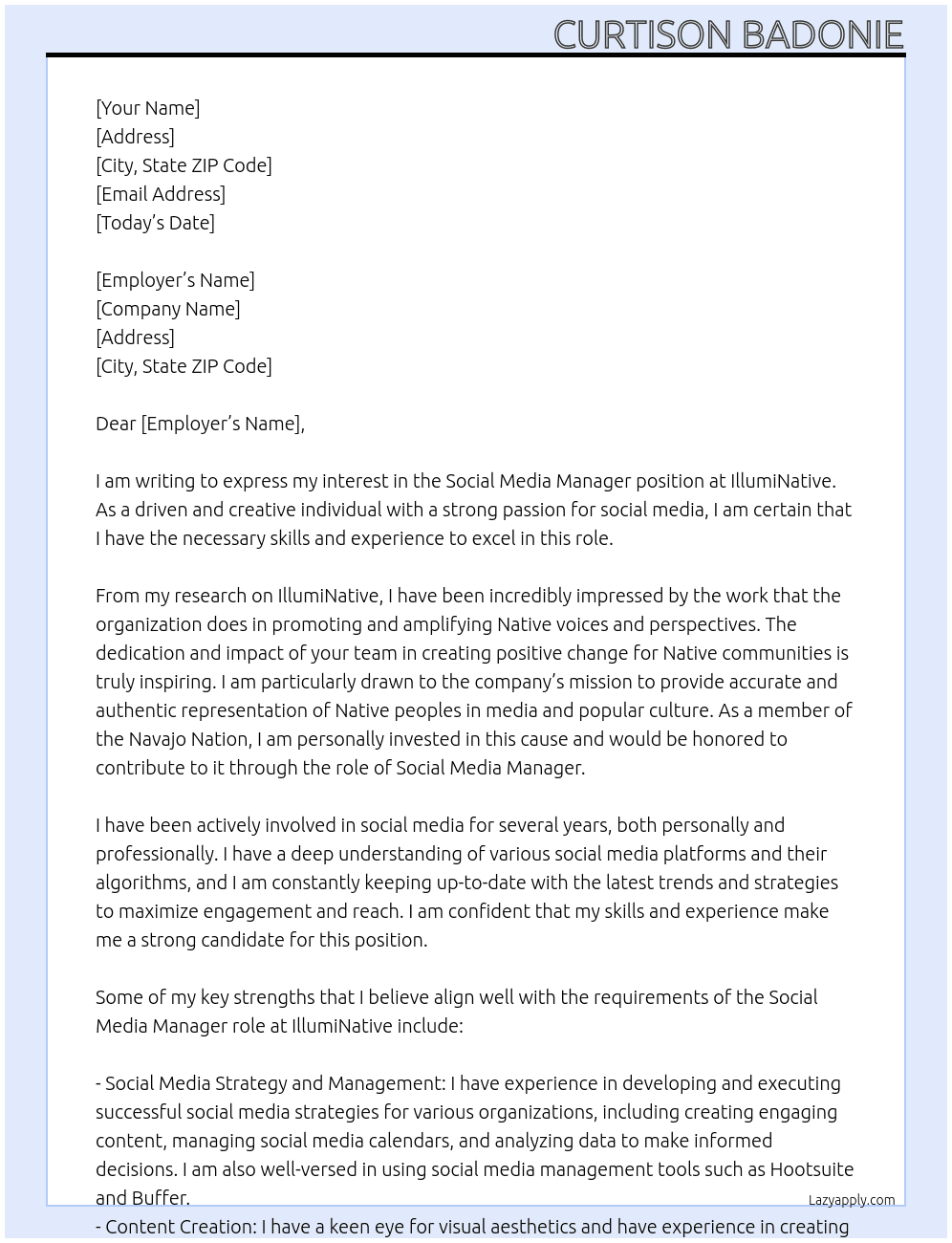 Social Media Manager At IllumiNative Cover Letter