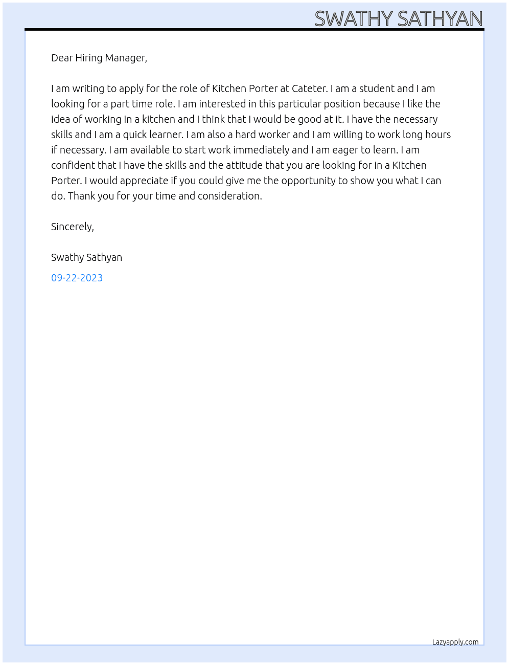 Kitchen porter At Cateter Cover Letter