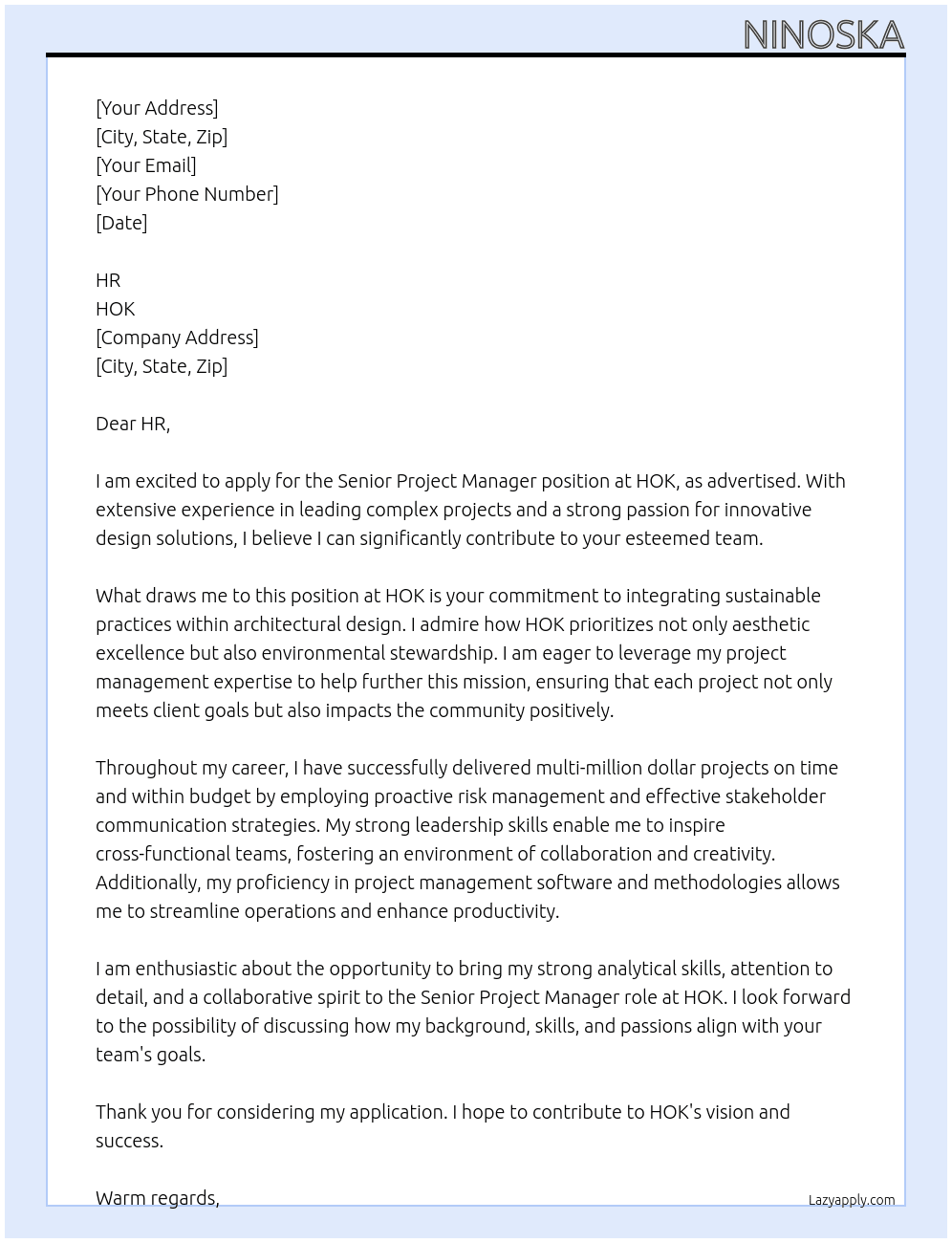 Senior Project Manager At HOK Cover Letter