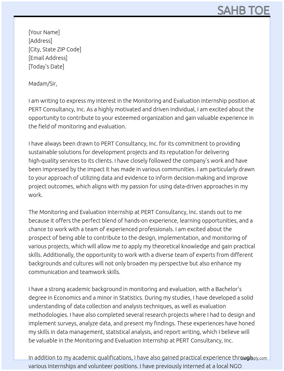 Monitoring and Evaluation Internship At PERT CONSULTANCY, INC. Cover Letter
